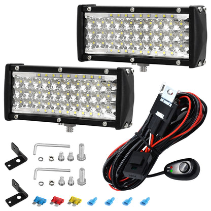 Litampo 7Inch LED Light Bar, 5 Row Spot Lights 180W Led Work Light with 2 Leads Wiring Harness Kit Offroad Fog Light Driving Light Offroad Truck SUV ATV UTV Boat, 2 Pack