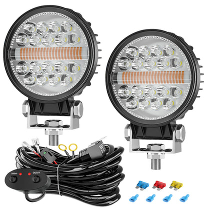 Litampo 4 inch Round 80W 12000LM Light pods with Strobe Amber DRL Spot Light Off Road Light Bar Work Light with 2 Leads Wiring Harness Kit for Jeep SUV Truck Hunters 2 Pack